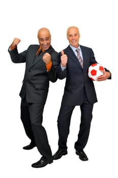 Businessmen team with soccer ball isolated in white