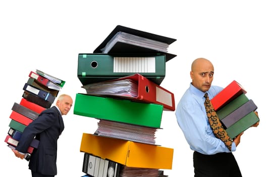 Workers with stack of files isolated in white