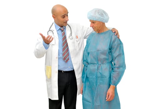 Doctor talking to his patient isolated in white