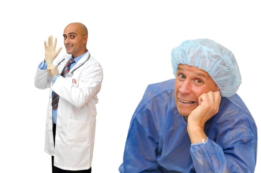 Doctor putting his gloves to examin a patient isolated in white
