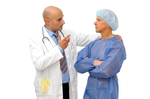 Doctor talking to his patient isolated in white