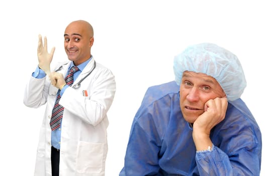 Doctor putting his gloves to examin a patient isolated in white