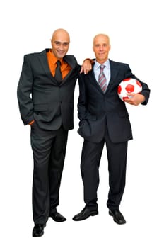 Businessmen team with soccer ball isolated in white