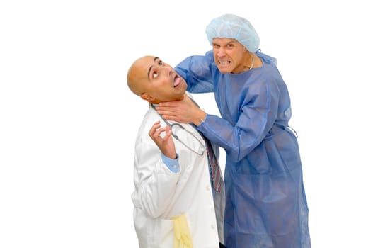 Patient strangulating his doctor isolated in white