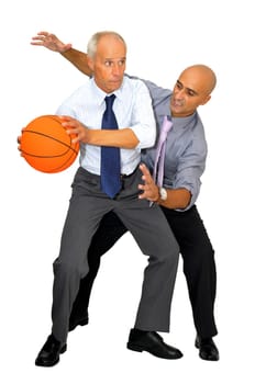 Two businessmen playing basketball isolated in white