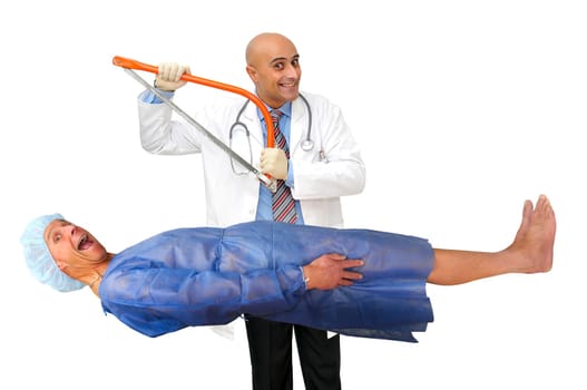Doctor examinating a patient with a big saw isolated in white