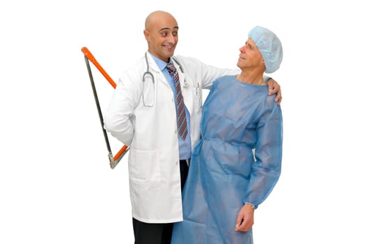 Doctor with hidden saw talking to his patient isolated in white