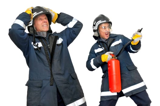 Firemen in uniform isolated in white