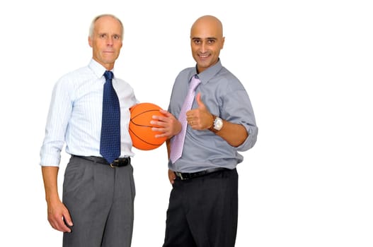 Two businessmen with a basketball isolated in white