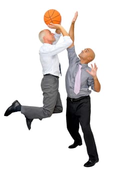 Two businessmen playing basketball isolated in white