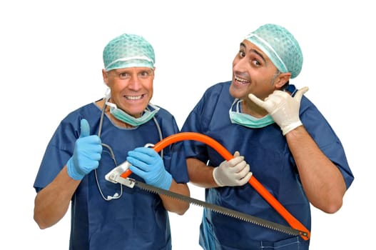 Crazy doctors with tools isolated in white