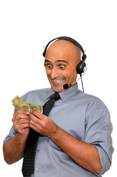 Happy businessman with money isolated in white