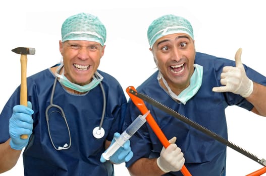 Crazy doctors with tools isolated in white