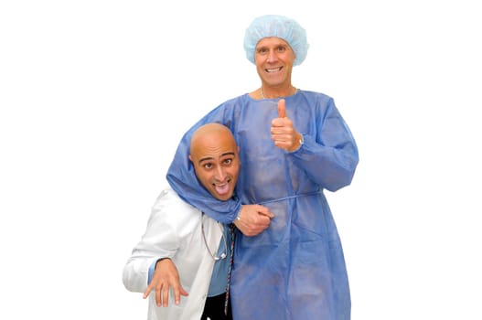 Patient strangulating his doctor isolated in white