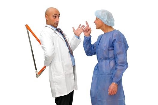 Doctor with hidden saw talking to his patient isolated in white