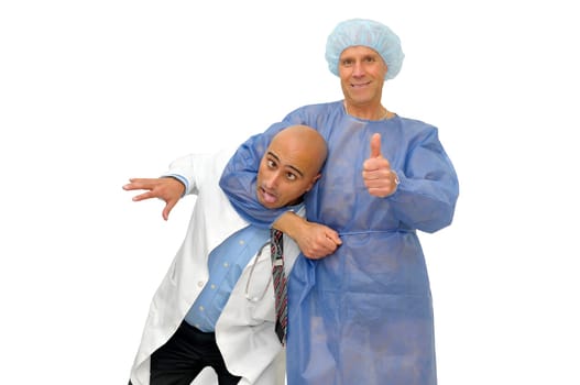Patient strangulating his doctor isolated in white