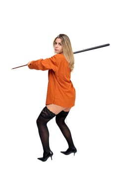 Sexy girl with man's shirt and tie holding a snooker cue