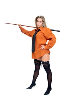 Sexy girl with man's shirt and tie holding a snooker cue