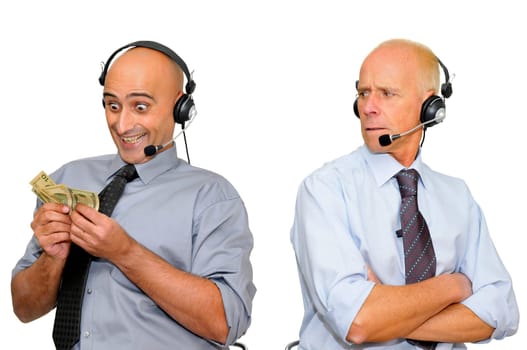 Successful salesman and envious partner isolated in white