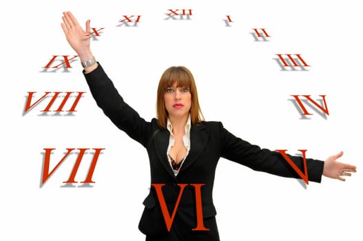 Business woman with numbers isolated in white