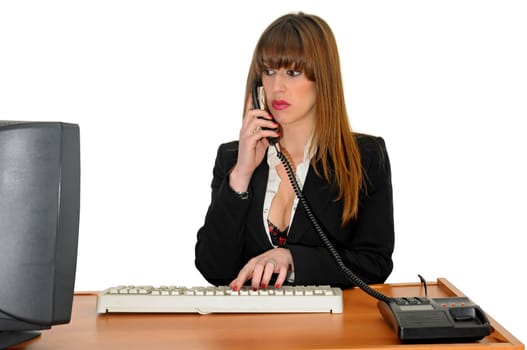 Business woman with phone isolated in white