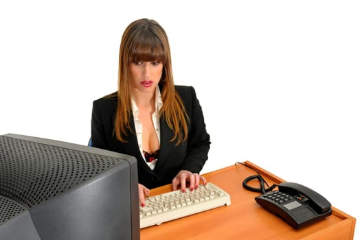 Business woman with phone isolated in white