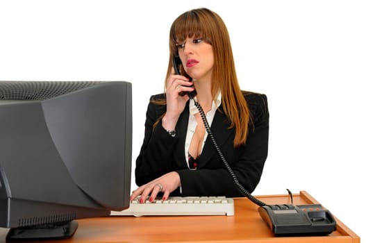 Business woman with phone isolated in white