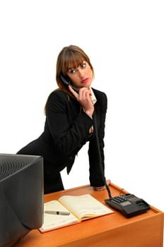 Business woman with phone isolated in white