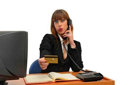 Business woman with credit card isolated in white