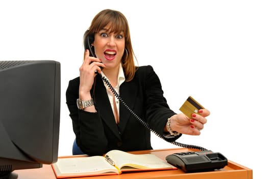 Business woman with credit card isolated in white