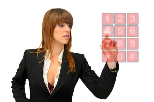 Business woman dialing isolated in white