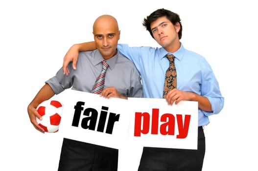 Two businessmen with soccer ball and white cards with the words fair play isolated in white
