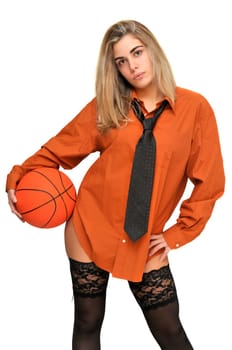 Sexy girl with man's shirt and tie holding a basketball
