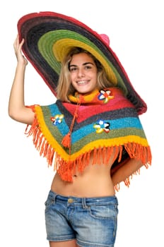 Sexy girl posing with a big sombrero hat isolated in white