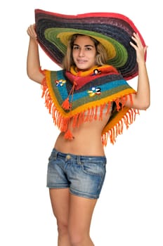 Sexy girl posing with a big sombrero hat isolated in white