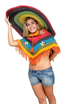 Sexy girl posing with a big sombrero hat isolated in white