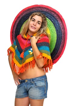 Sexy girl posing with a big sombrero hat isolated in white