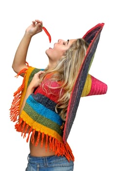 Sexy girl with a big sombrero isolated in white