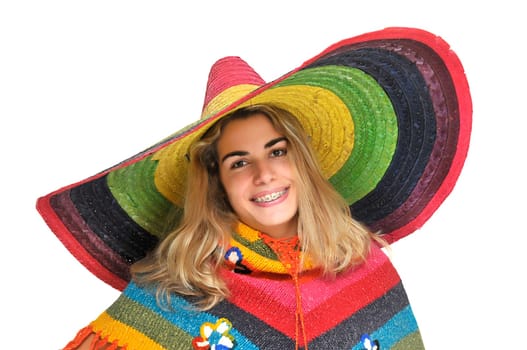 Sexy girl with a big sombrero isolated in white