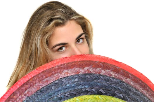 Sexy girl with a big sombrero isolated in white