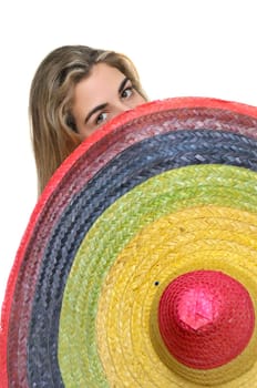 Sexy girl with a big sombrero isolated in white