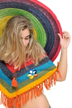 Sexy girl with a big sombrero isolated in white
