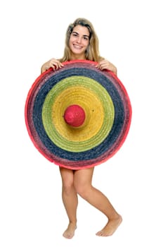 Sexy girl with a big sombrero isolated in white
