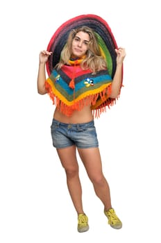 Sexy girl with a big sombrero isolated in white