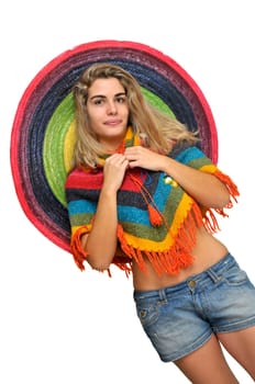 Sexy girl posing with a big sombrero hat isolated in white