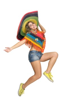 Happy girl jumping with a big sombrero isolated in white