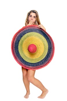 Sexy girl with a big sombrero isolated in white
