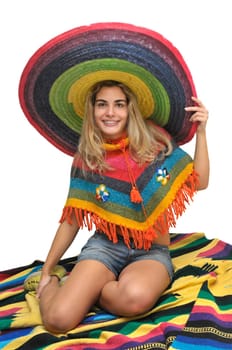 Sexy girl with a big sombrero isolated in white