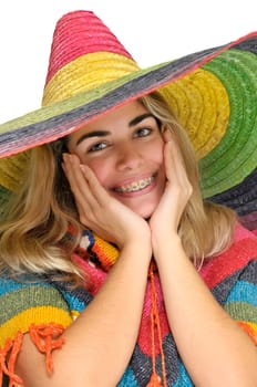 Sexy girl with a big sombrero isolated in white