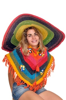 Sexy girl with a big sombrero isolated in white